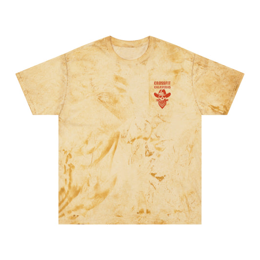 Unisex Color Blast T-Shirt - All Work No Luck with Cowboy Skull Design